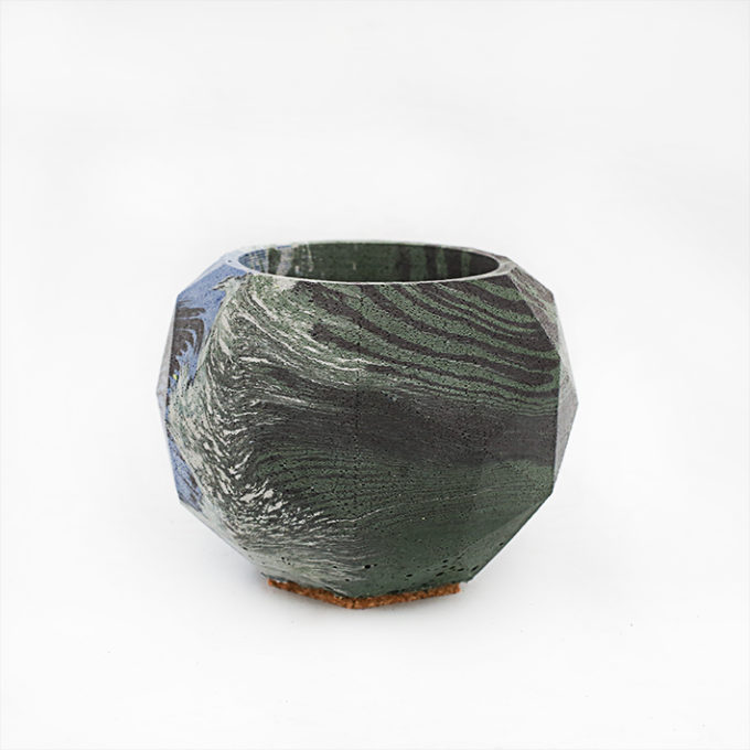 Planter Pot Roma Via Cavour, marble green blue and black. Hexagone shape handmade in Berlin by Kula.