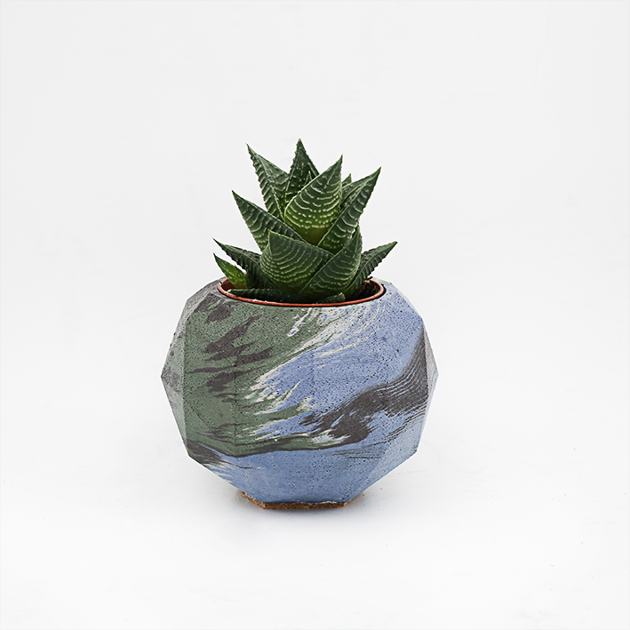 Planter Pot Roma Via Cavour, marble green blue and black. Octogonal shape handmade in Berlin by Kula.