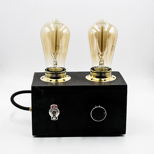 RADIO LAMP BLACK EDISON made with concret, two bulbs and a black dimming button.