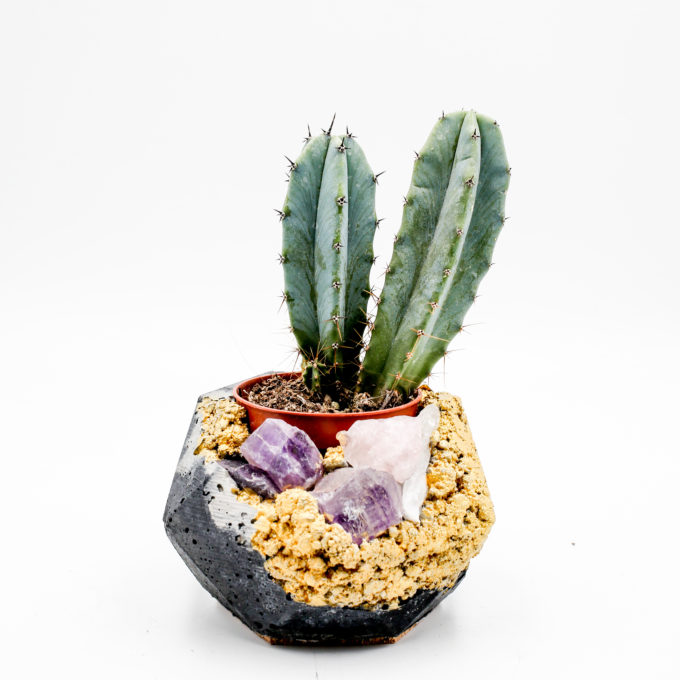 Planter Pot Lissabon Rua Palmeiras kintsugi, grey and black color with mineral stones and gold structure. Hexagone shape handmade in Berlin by Kula.
