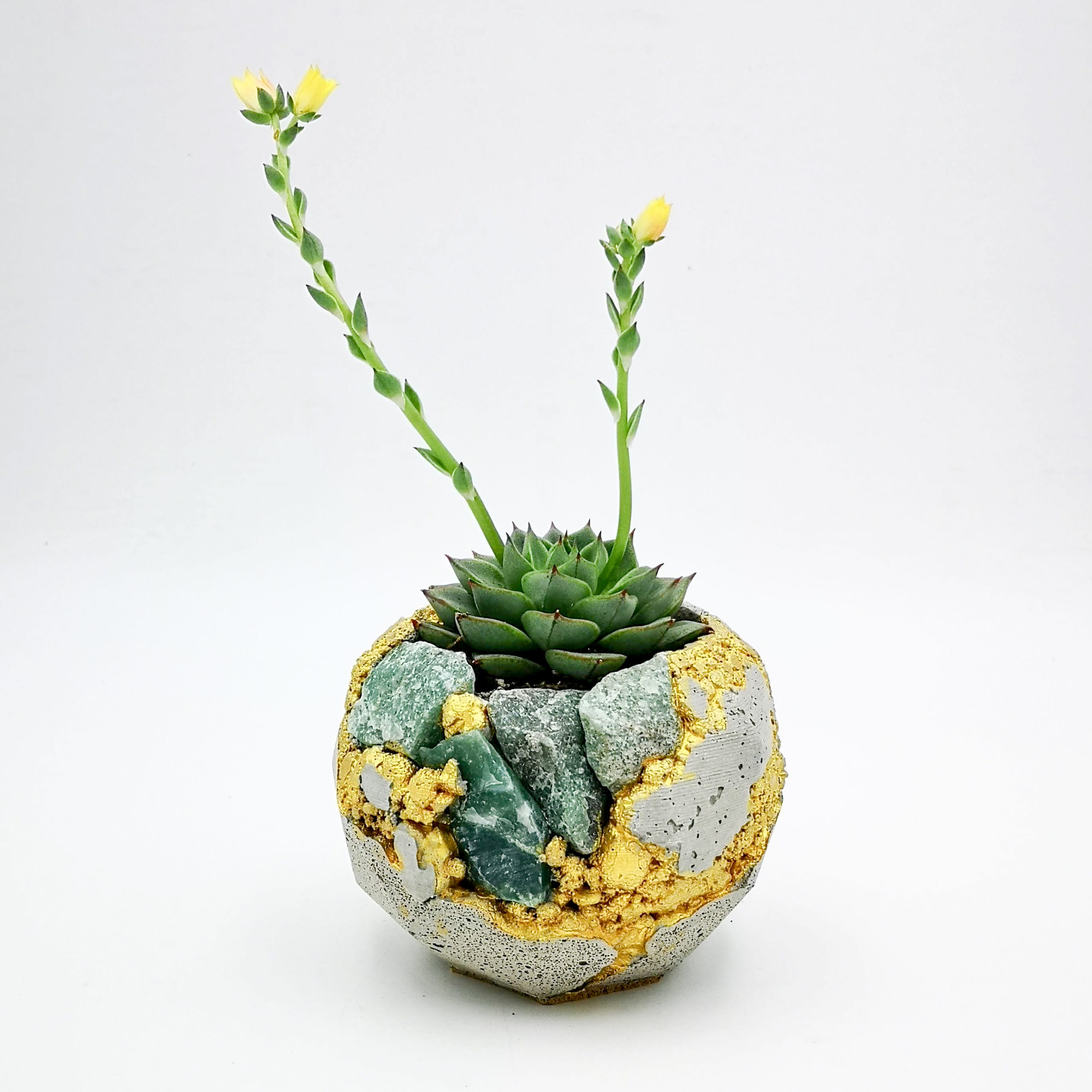 Planter Pot Roma Via Piergaro kintsugi, grey color with mineral stones and gold structure, octogonal shape handmade in Berlin by Kula.