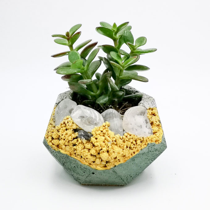Planter Pot Lissabon Patio Cruz kintsugi, grey and green color with mineral stones and gold structure, hexagone shape handmade in Berlin by Kula.