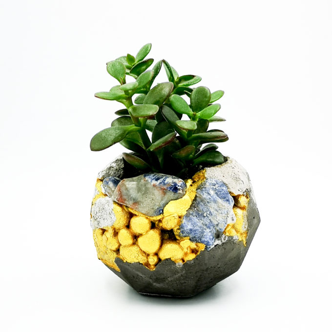 Planter Pot Roma Via Madrione kintsugi, grey and black color with mineral stones and gold structure, octogonal shape handmade in Berlin by Kula.
