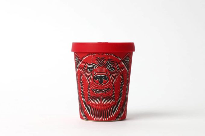 Reusable red cup (330ml) made from bamboo with red silicon lid. Bear face.