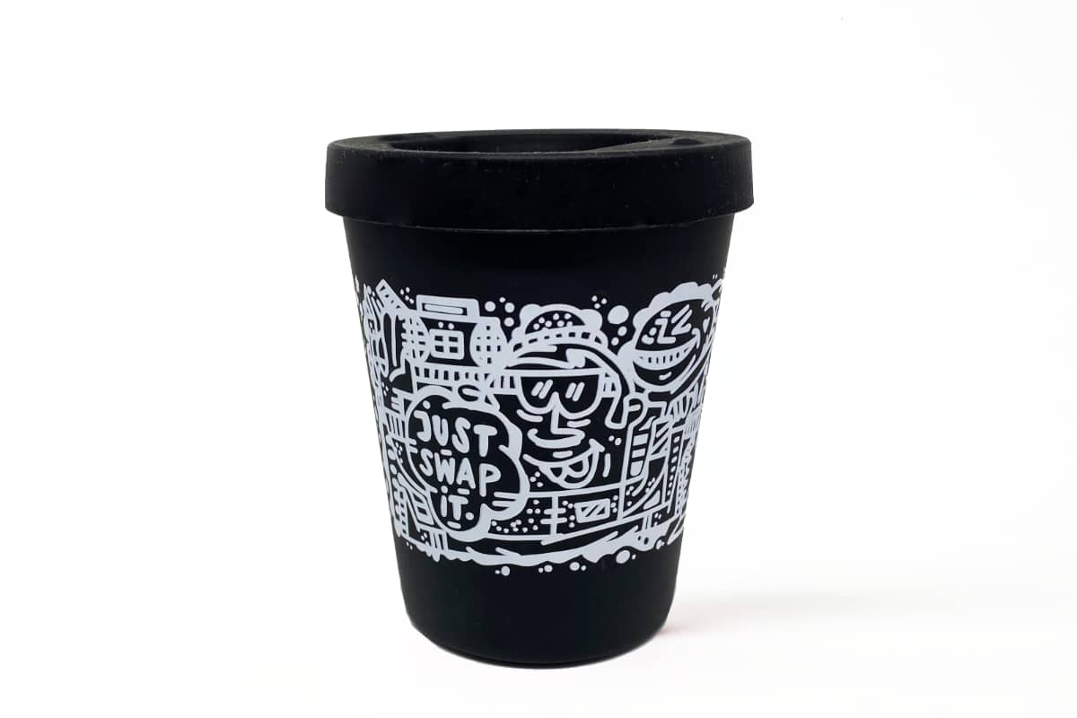 Black reusable cup (330ml) made from bamboo with black silicon lid. White