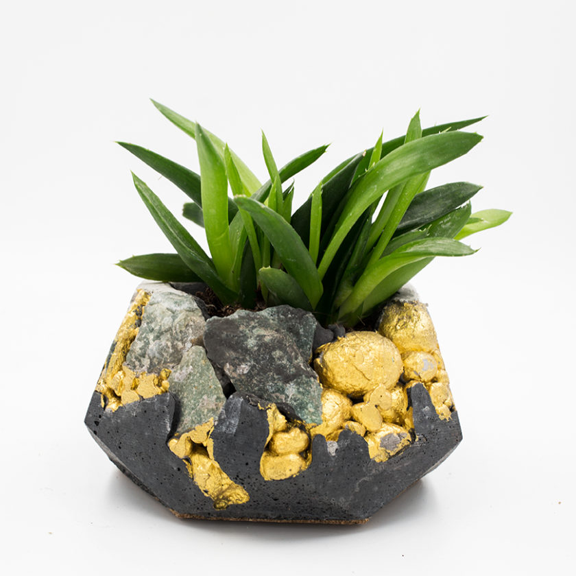Concrete Planter pot kintsugi grey with gold structure and mineral stones, octogonal shape, handmade in Berlin.