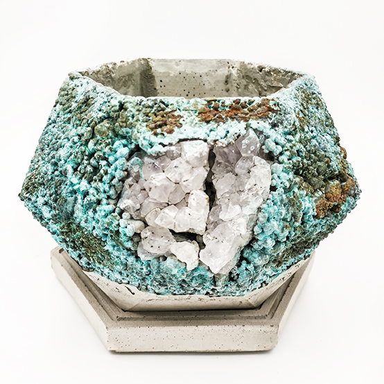 Concrete Planter pot grey, black and blue with mineral stones, octogonal shape, handmade in Berlin by Kula.