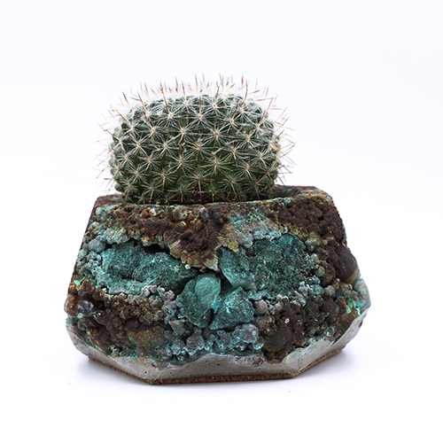 Planter Pot Amsterdam Patina Ferdinand Bolstraat, grey, terracotta and blue, oxydation effect with incrusted mineral stone, handmade in Berlin.