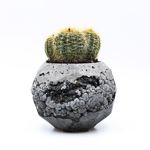 Concrete Planter pot Roma Via Sacra light and dark grey with mineral stones, hexagonal shape, handmade in Berlin.