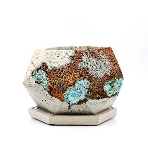 Planter Pot London Back Alley, white, grey, terracotta and turquoise, oxydation effect handmade in Berlin.