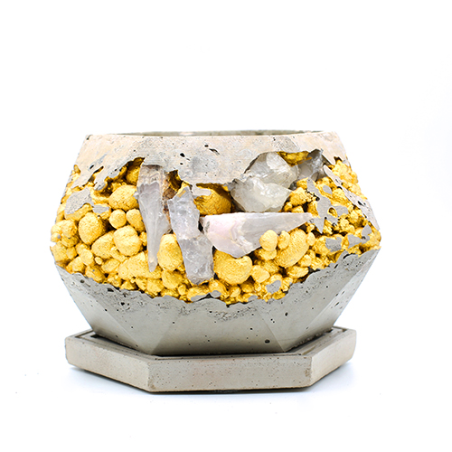 Concrete Planter pot kintsugi grey with gold structure and mineral stones, octogonal shape, handmade in Berlin.