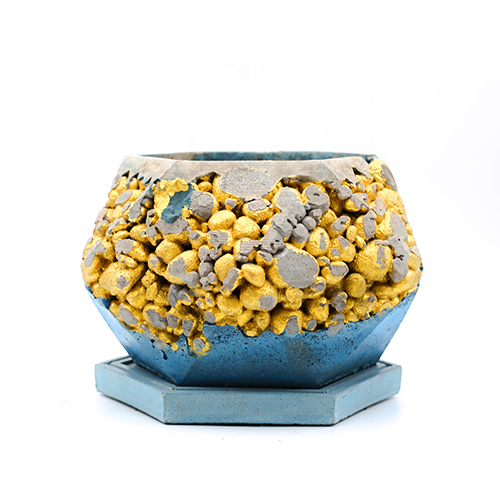 Concrete Planter pot kintsugi turquoise blue and grey with gold structure, octogonal shape, handmade in Berlin.