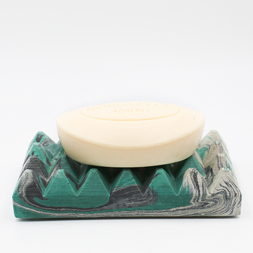 Soapdish Loupia rue du Barry marble grey, white and emeraude color, rectangle base and triangular prisme to drain water, handmade in Berlin with porcelain clay.
