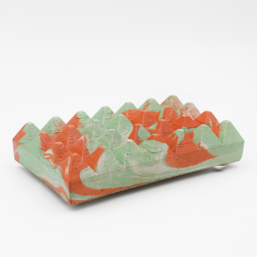 Soap dish Loupia route de Limoux marble green, orange and white color, rectangle base and triangular prisme to drain water, handmade in Berlin with porcelain clay.