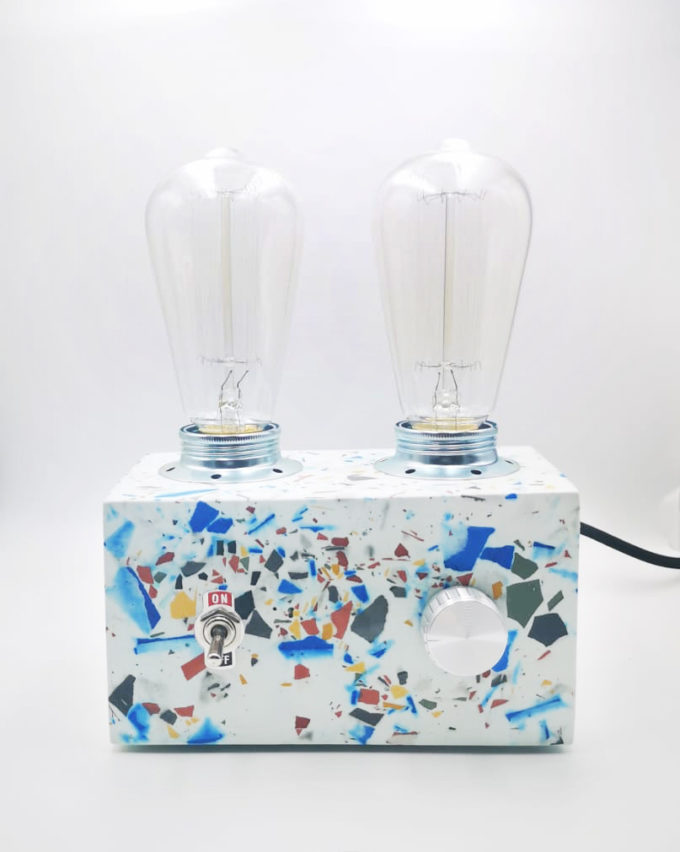 Retro Lamp Terrazzo, multicolor with two vintages bulbs handmade in Berlin with white porcelain clay.