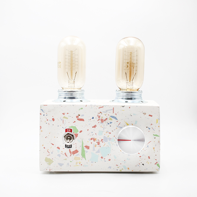 Retro Lamp Terrazzo No. 3, multicolor with two vintages bulbs handmade in Berlin with white porcelain clay.