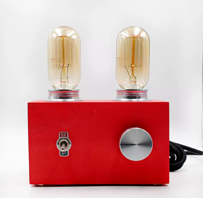 Vintage-style red tube amplifier lamp with Edison bulb