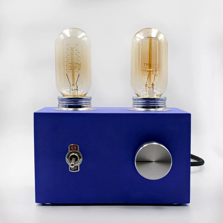 Vintage-style blue tube amplifier lamp with Edison bulb