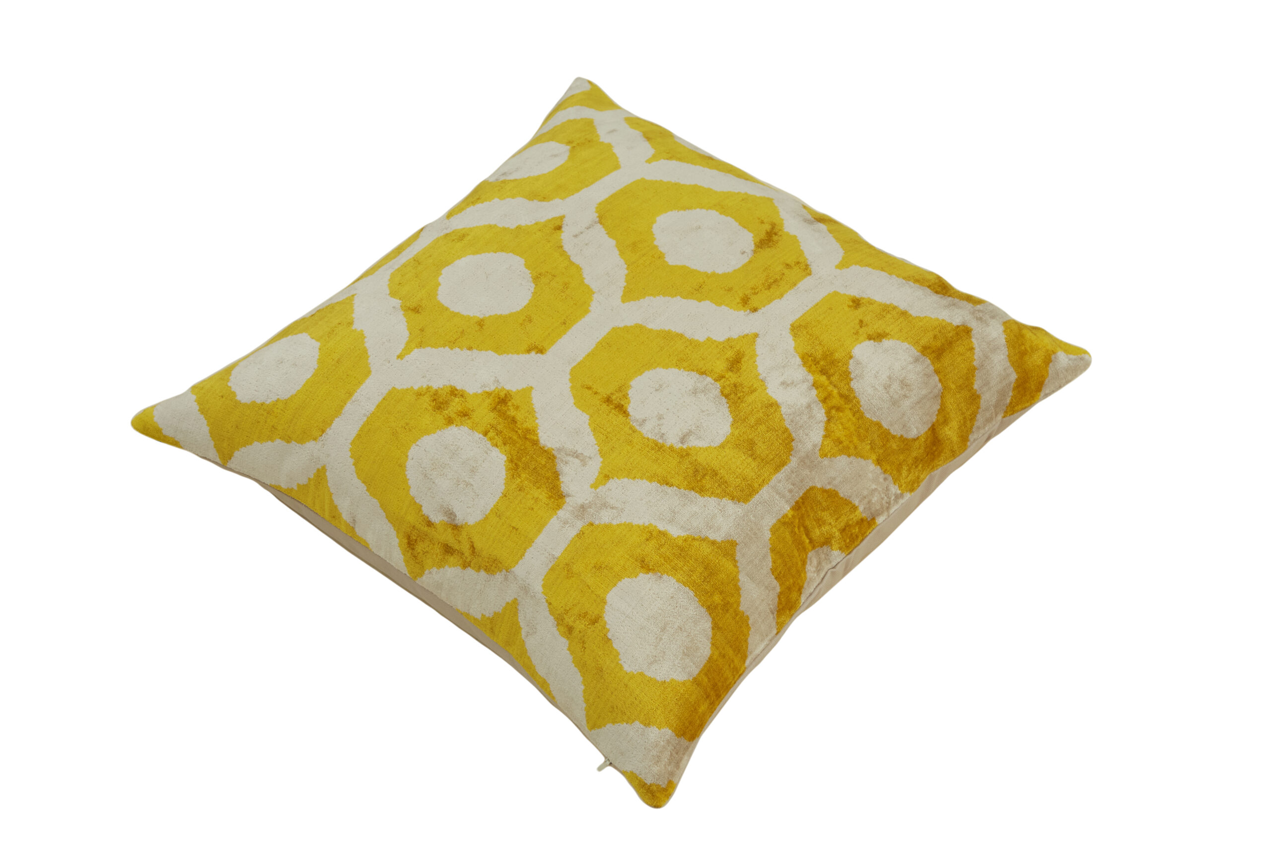 Luxury White and Yellow Silk Velvet Ikat Cushion, Handwoven Handmade Decorative Pillow for Living Room, Bedroom, or Sofa
